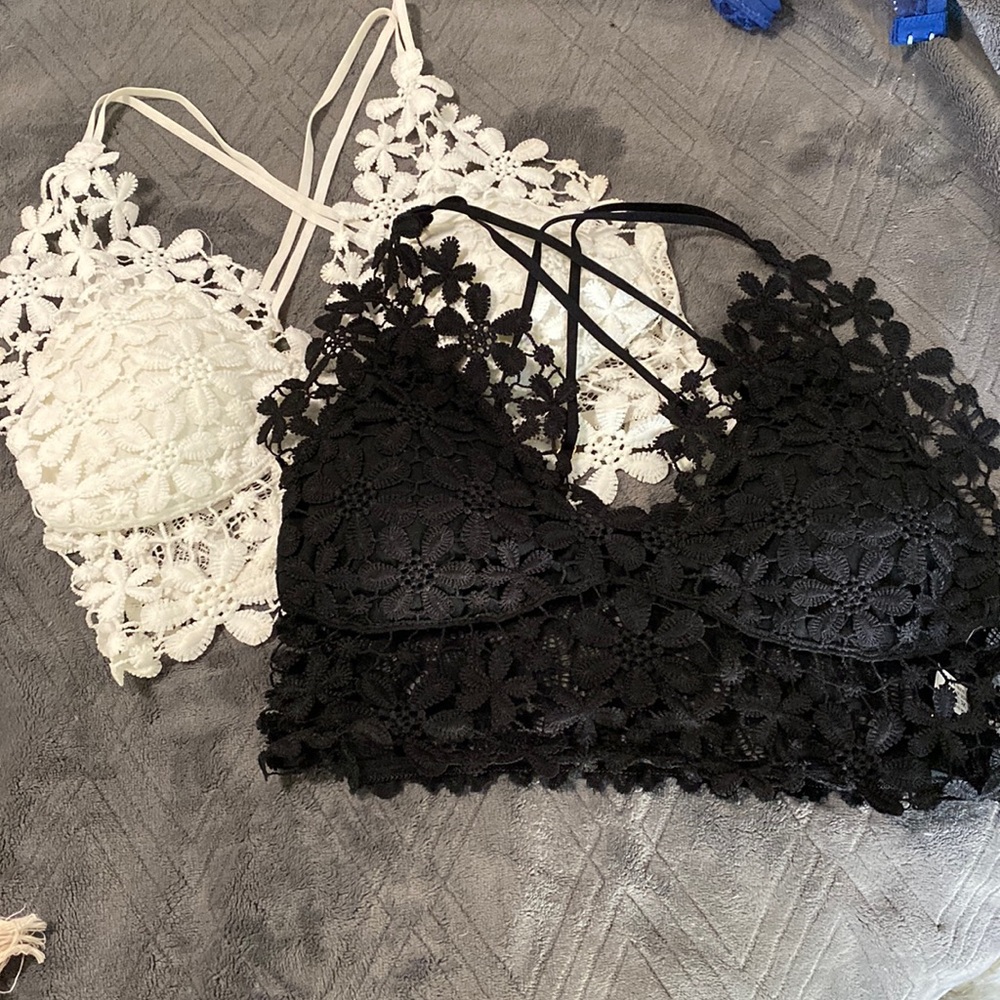 Two floral patterned Bralettes, black and white lace flowers